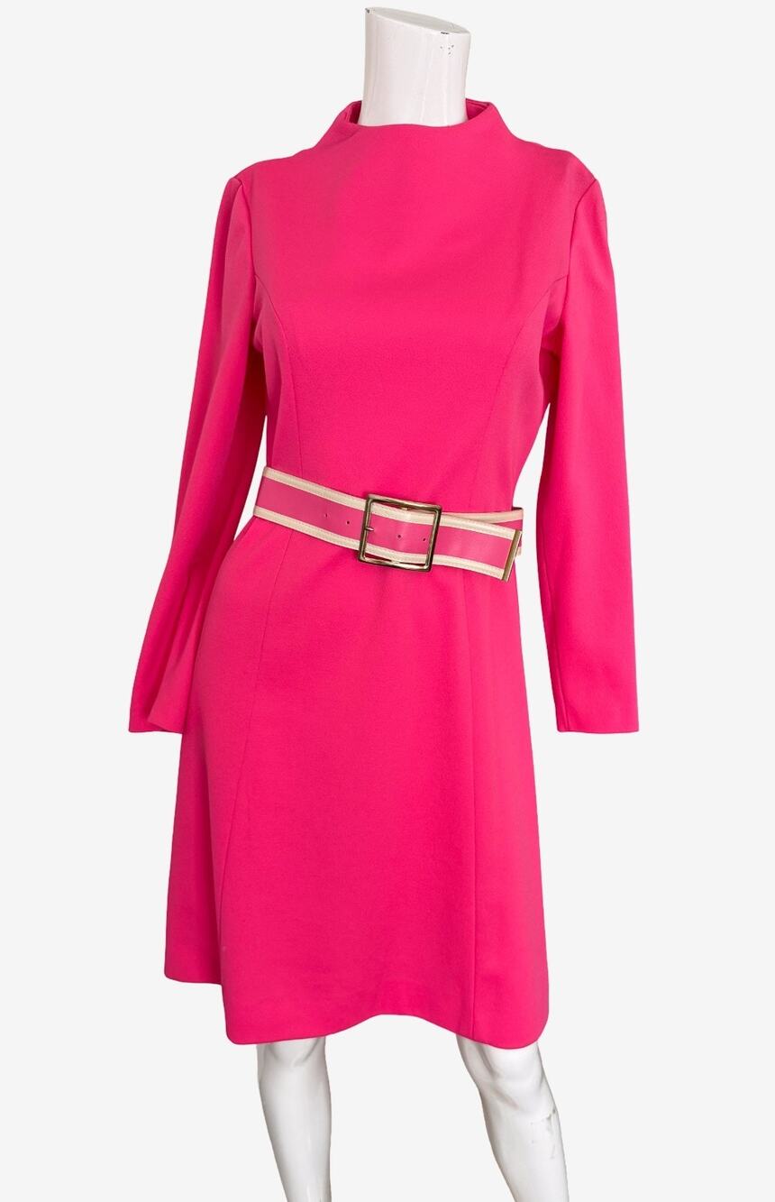 Vintage 60s Verona Knit Mod Shift Dress Pink Belted Space Age Funnel Neck Sz 10